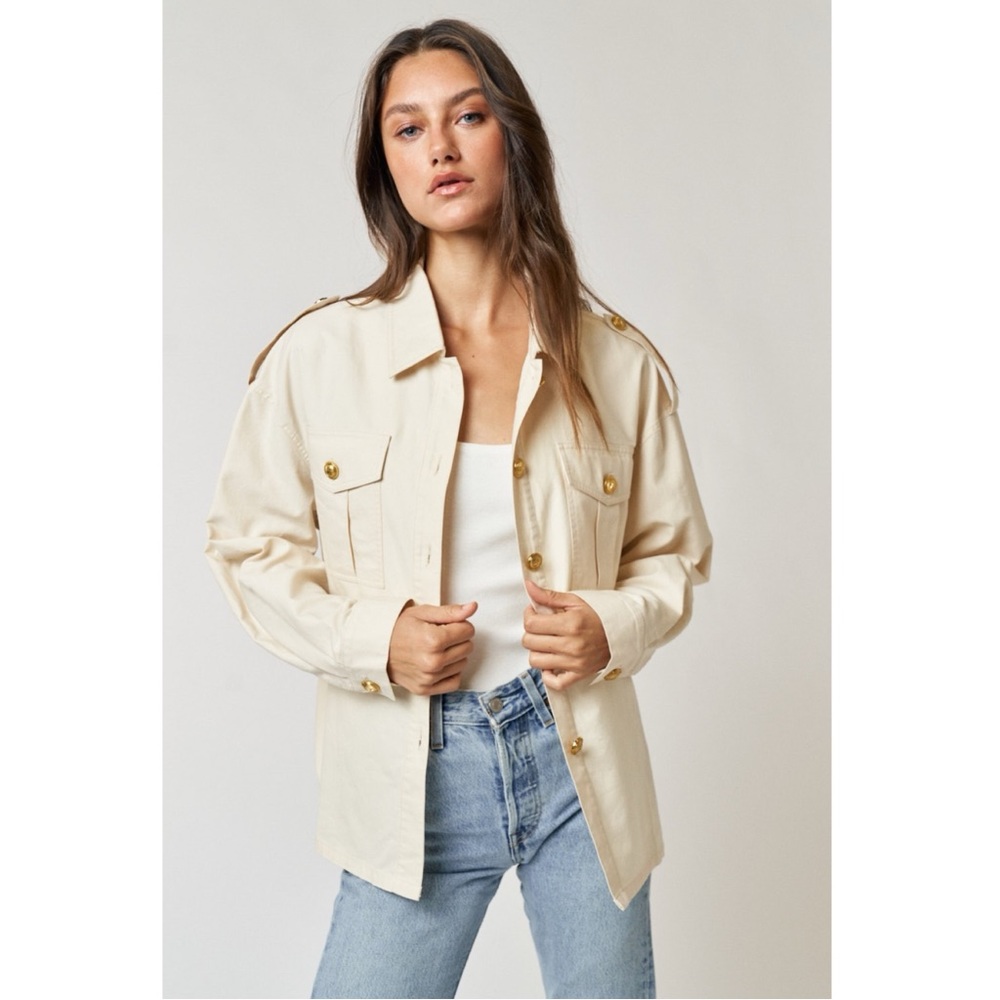 NWOT Cotton & Tencel Cream Gold Button Lightweight Jacket - Med. - Picture 2 of 6